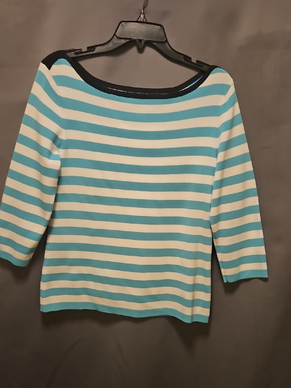 Yarn & Stitches Striped Boatneck Top Lightweight Sweater Womens Aqua White Sz S